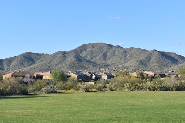 Beautiful view of Daisy Mountain landscape with green grass park in the foreground
