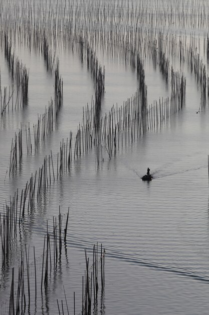 Beautiful view of the fishing boat in the ocean during daytime in Xia Pu, China