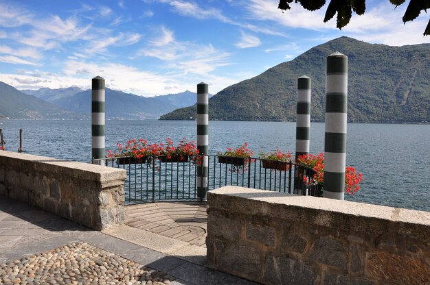 山の近くの海のそばの桟橋にある花の手すりの美しい景色