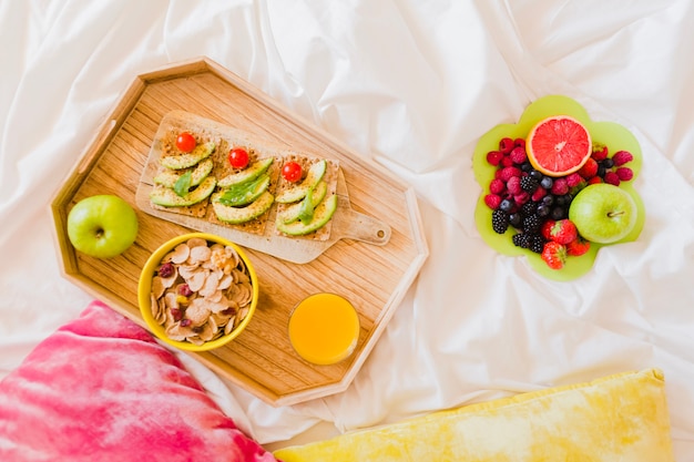 Beautiful view of healthful meal on bed