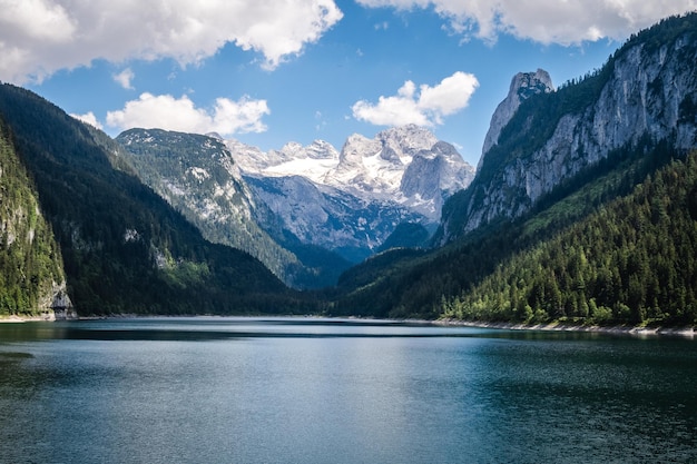 Прекрасный вид на озеро Госаузен в Дахштайне, Австрия, в окружении пышных деревьев и снежных гор