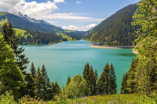 Longrin 호수와 댐 스위스에서 산으로 둘러싸인 호수의 아름다운 전망