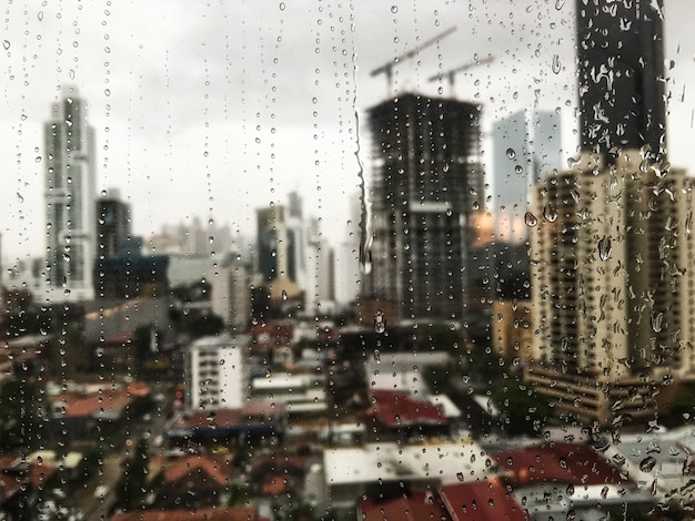 창문 아래로 굴러 떨어지는 빗방울과 표면의 고층 빌딩의 아름다운 전망