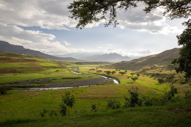 Beautiful view of the river, trees, and grasses surrounded by mountains with a cloudy blue sky
