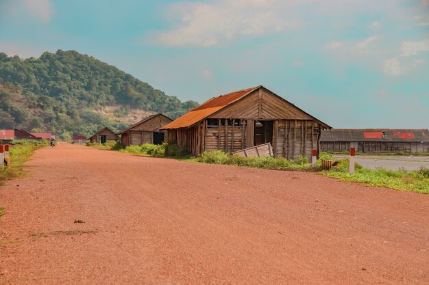 Beautiful view of several wooden barns in the countryside