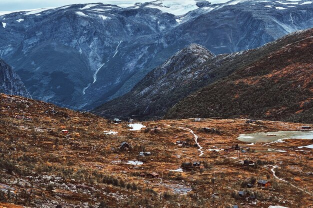 Beautiful view of a small settlement in the mountains of Norway near the Trolltunga.