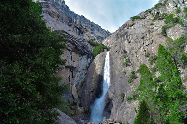 Free photo beautiful view of a waterfall flowing from a rock and pouring in the magnificent green scenery