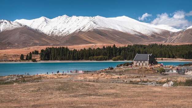 Beautiful view of a wedding church near the Lake Tekapo in New Zealand