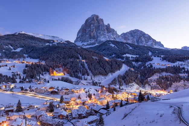 Beautiful village in a snow covered mountain