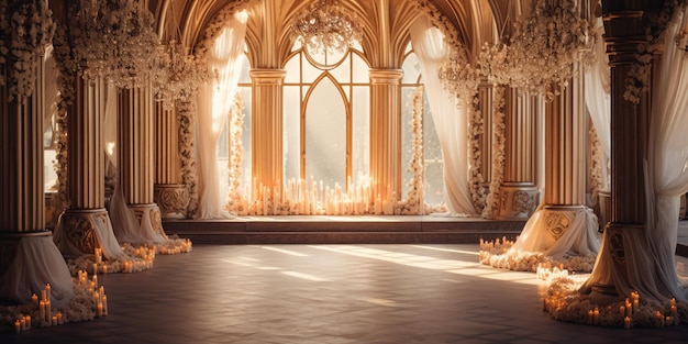 Beautiful wedding area with chandeliers and bright arches