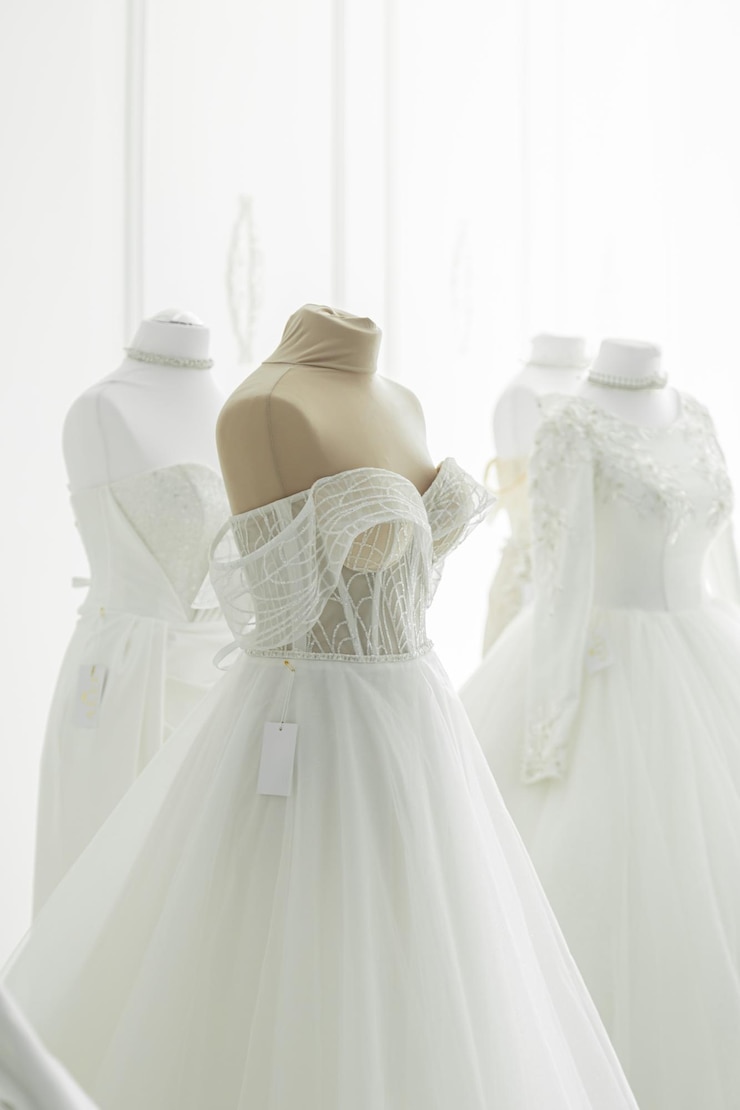 無料Photo ショールームのマネキンに美しい結婚式のブライダルドレス