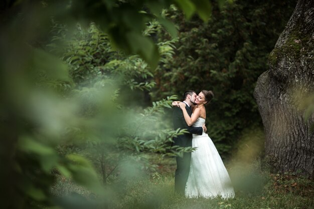 Красивая свадебная пара в объятиях друг друга в парке