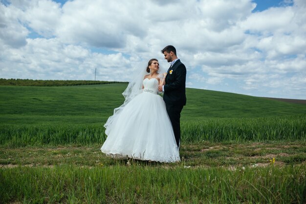 Beautiful wedding couple is walking on the green field
