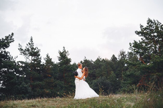 Beautiful wedding couple in a summer field