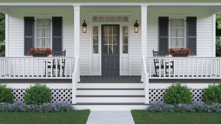 Free Photo beautiful white house with porch and black shutters