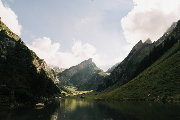 Beautiful wide shot of a lake surrounded by green mountains