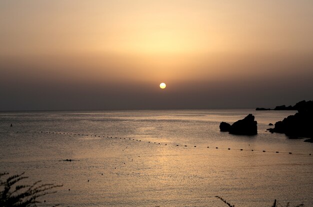 Beautiful wide shot of an ocean during dawn with pink skies