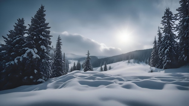 Beautiful winter landscape with snow covered fir trees in Carpathian mountains