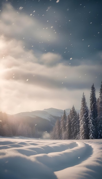 Beautiful winter landscape with snowy fir trees and mountains in the background