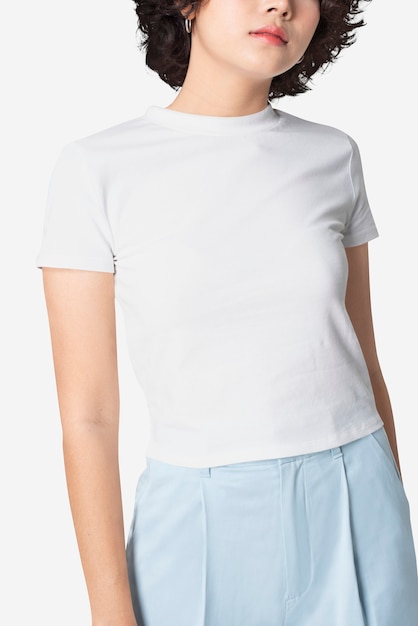 Beautiful woman in basic white t-shirt with design space