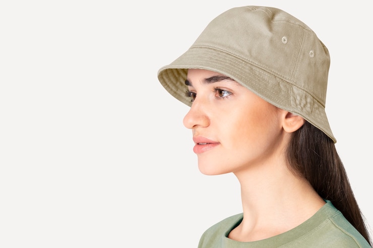 Free Photo beautiful woman in beige bucket hat fashion studio shoot