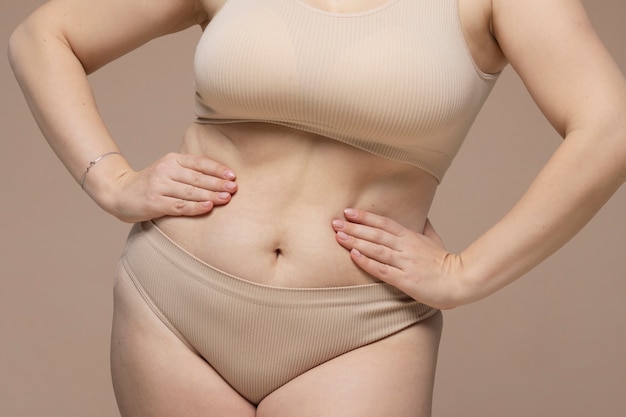 Liposuction, studio or sexy woman in underwear for tummy tuck