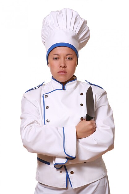 Beautiful woman in chef image with knife