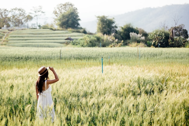 Free photo beautiful woman enjoying in barley fields.