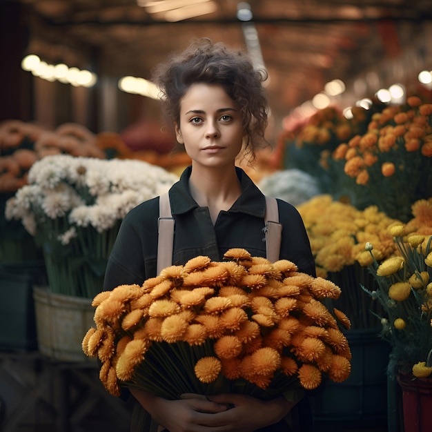 Free photo beautiful woman florist with a bouquet of chrysanthemums