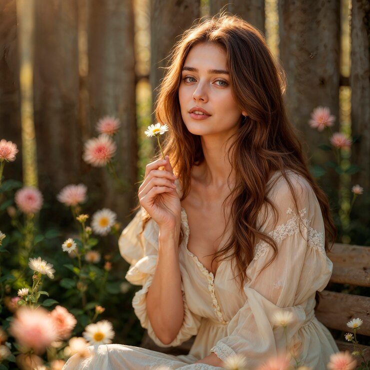 Free Photo beautiful woman holding a daisy in a dreamy garden setting