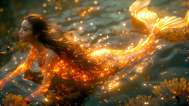 Free photo beautiful woman mermaid in fantasy world