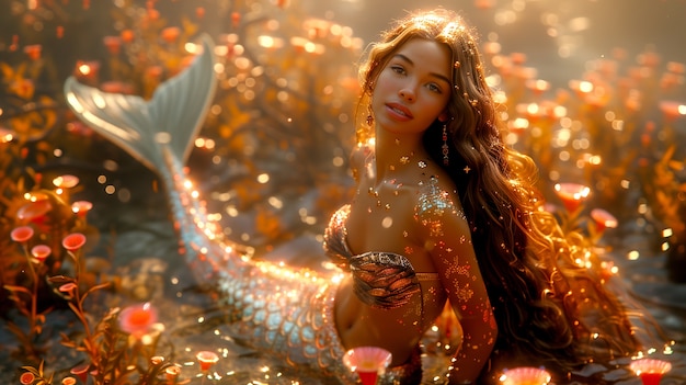 Free photo beautiful woman mermaid in fantasy world