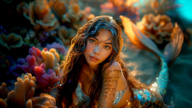 Free photo beautiful woman mermaid in fantasy world