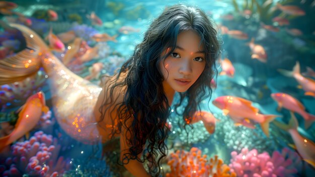 Free photo beautiful woman mermaid in fantasy world