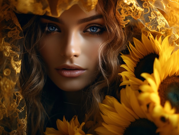 Foto gratuita bella donna che posa con il girasole