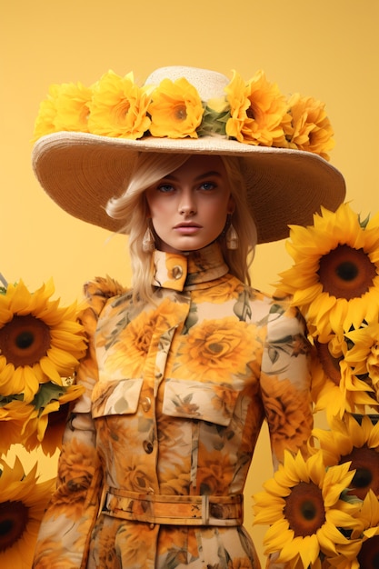 Foto gratuita bella donna che posa con il girasole