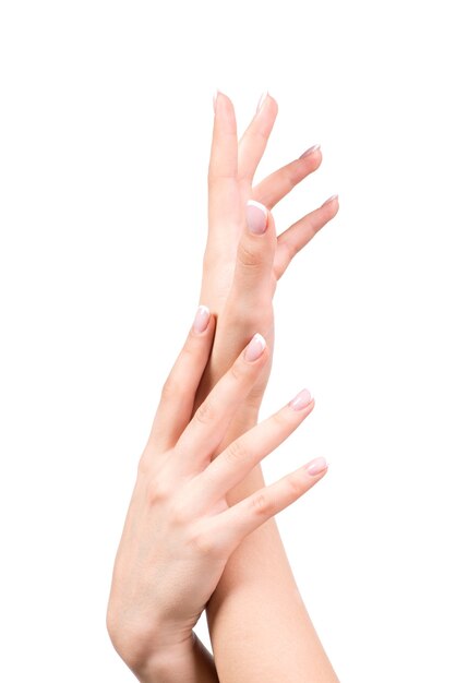 フレンチマニキュアのマニキュアサロンの後の美しい爪を持つ美しい女性の手