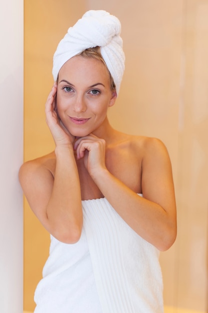 Beautiful woman smiling after shower