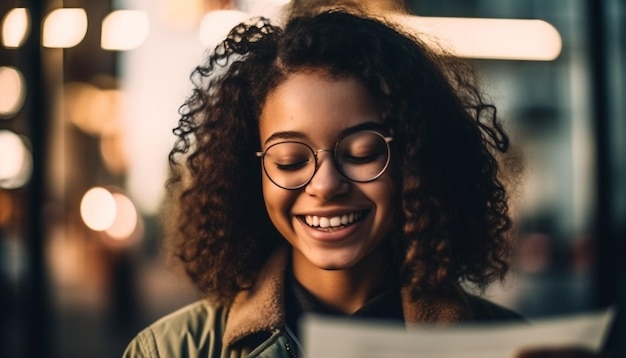 Beautiful woman smiling looking at camera outdoors generated by AI