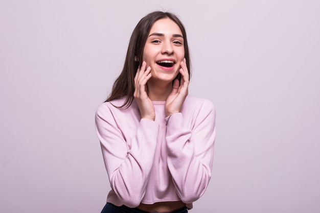 Beautiful woman smiling with open mouth and open palms