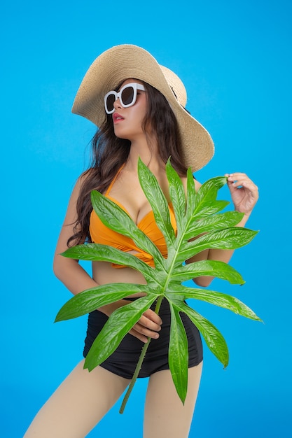 A beautiful woman in a swimsuit holding a green leaf poses on blue