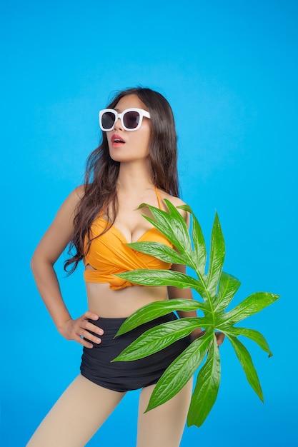A beautiful woman in a swimsuit holding a green leaf poses on blue