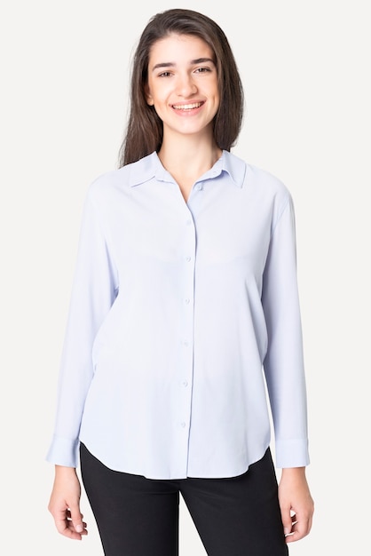 Beautiful woman wearing blue shirt apparel studio shoot