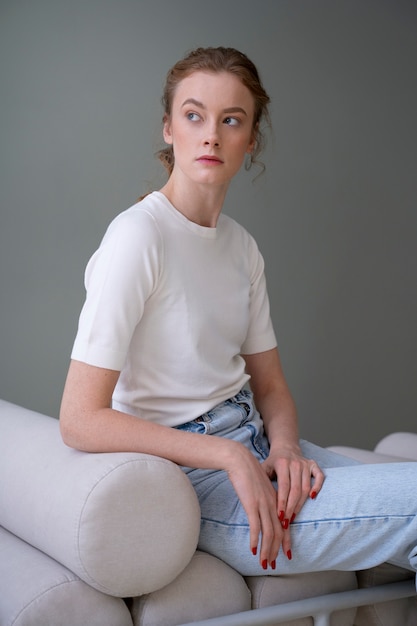 Beautiful woman wearing minimalist shirt