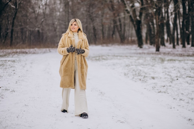 Foto gratuita bella donna in cappotto invernale che cammina nel parco pieno di neve