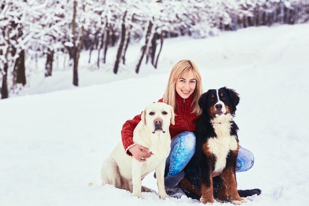 美しい女性、犬が雪の上に座っている