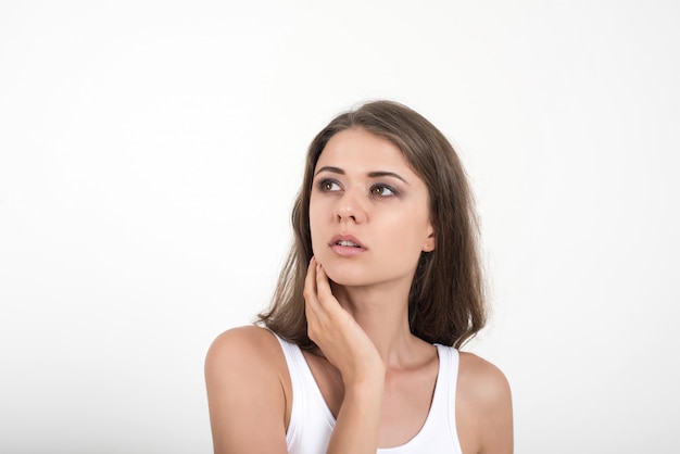 Beautiful woman with healthy body on white background