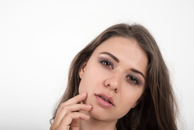 Beautiful woman with healthy body on white background