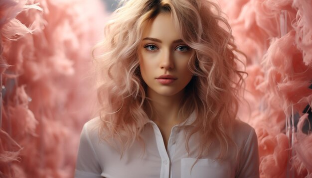 Beautiful woman with long blond hair looking at camera generated by artificial intelligence