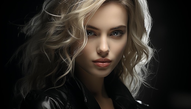 Beautiful woman with long blond hair looking at camera sensually generated by artificial intelligence